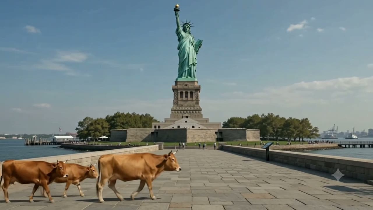 the herd reached Liberty Island this morning (aerial)