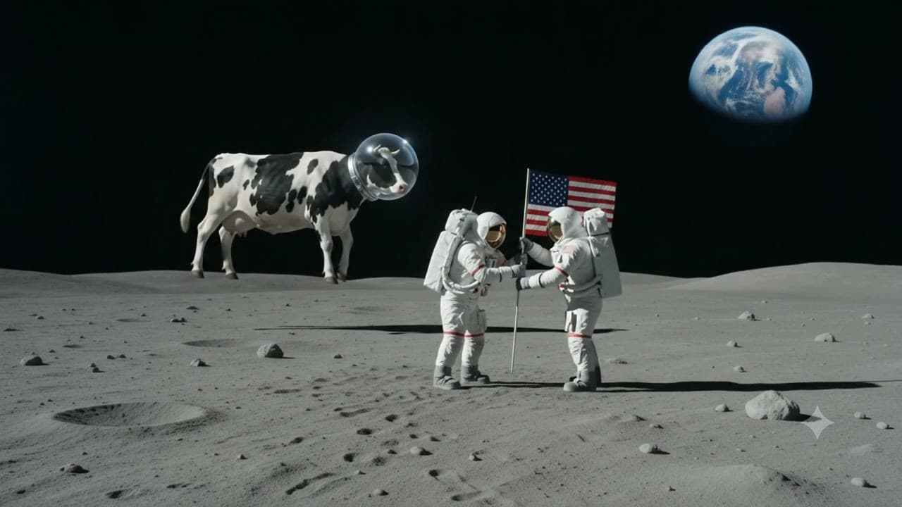 they put a cow on the moon (and she planted the flag herself)