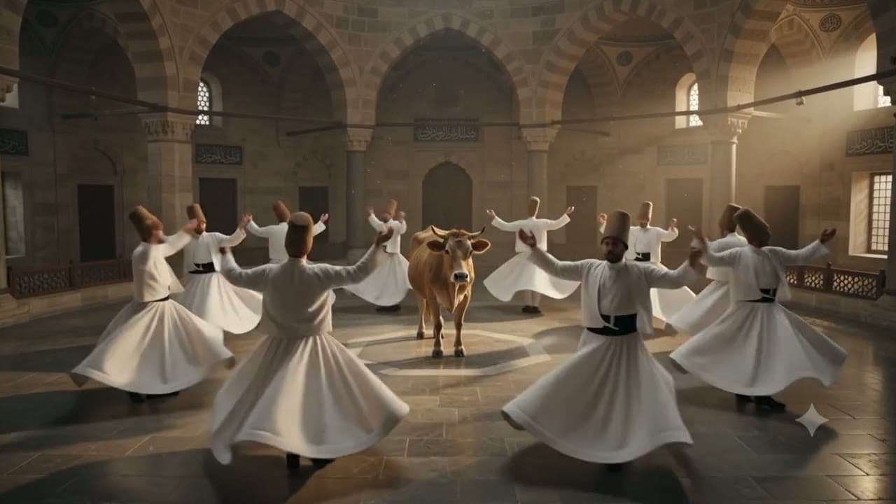 whirling until the cow at the center stops spinning